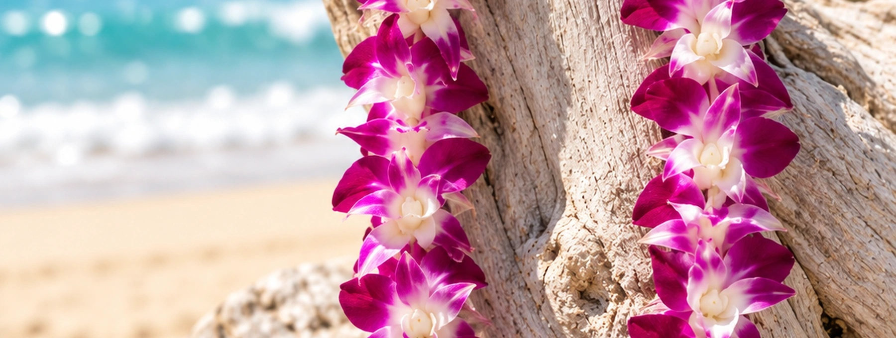 Purple orchid lei beside a tropical Maui shoreline