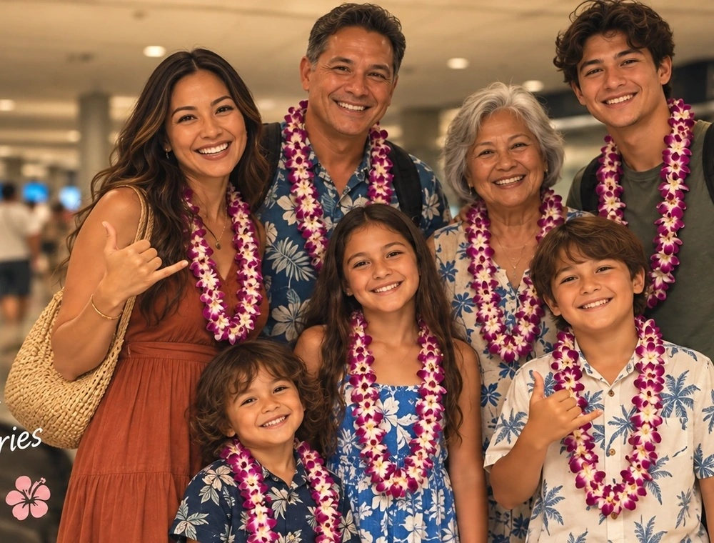 Family wearing flower leis during an airport welcome