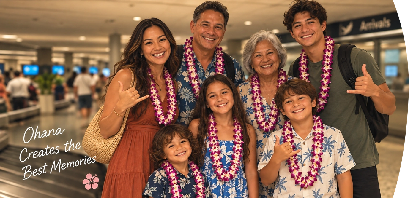 A family wearing leis during an airport welcome