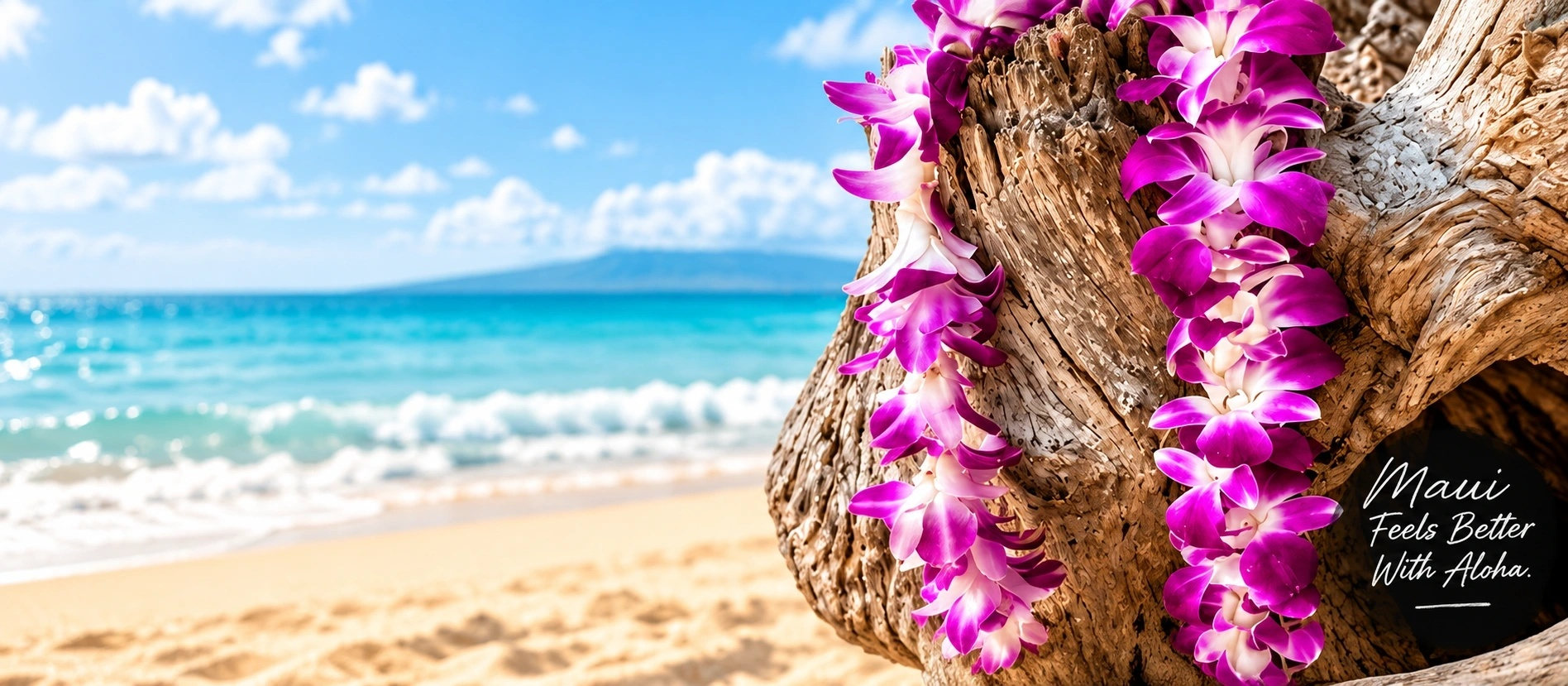 Purple orchid lei beside the ocean