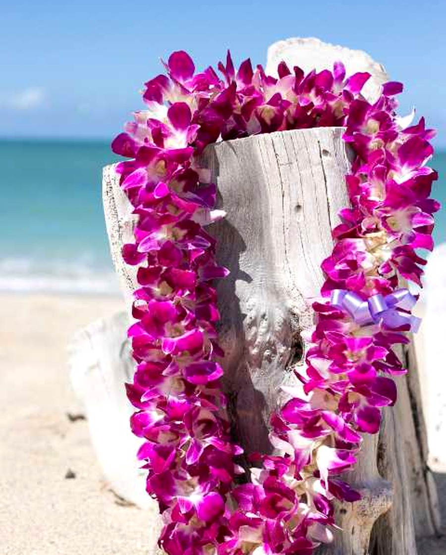 Purple orchid lei beside the ocean
